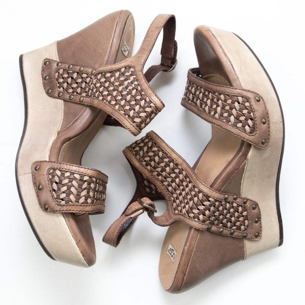 UGG Assia Sandals Leather Braided Straps Platform Wedge Heel Shoes Brown Size 10 - Picture 3 of 10